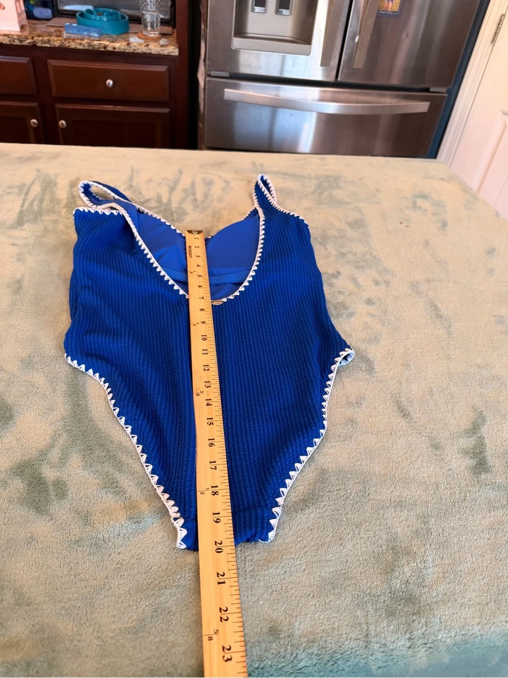 Betsey Johnson Women’s Large Blue One Piece Swimsuit White Trim Textured